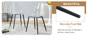 Table and chair set.42 inch modern minimalist brown wood grain round dining table set.Paired with 4 Transparent Plastic Chairs with Black Metal Legs.Bring a comfortable home experience.