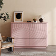 6 Drawer Dresser for Bedroom, 46.5' Wide Modern Large Chest of Drawers with Handle Free & Ripple Design,Wooden Clothes Storage Organizer for Closet, Nursery, Living Room, Apartment,Pink