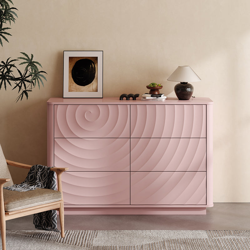 6 Drawer Dresser for Bedroom, 46.5' Wide Modern Large Chest of Drawers with Handle Free & Ripple Design,Wooden Clothes Storage Organizer for Closet, Nursery, Living Room, Apartment,Pink