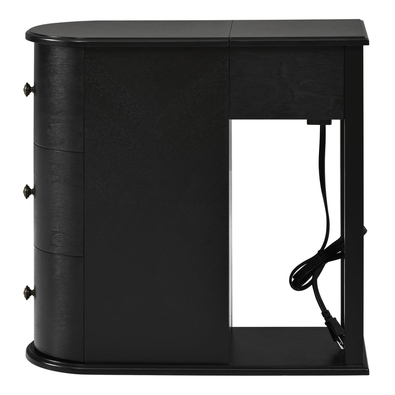 Modern End Table with Hidden Cup Holder Drawer, Charging Station & Pull-Out Side Table, Wooden Bedside Table with 2 Storage Drawers, Space Saving End Table for Bedroom & Living Room
