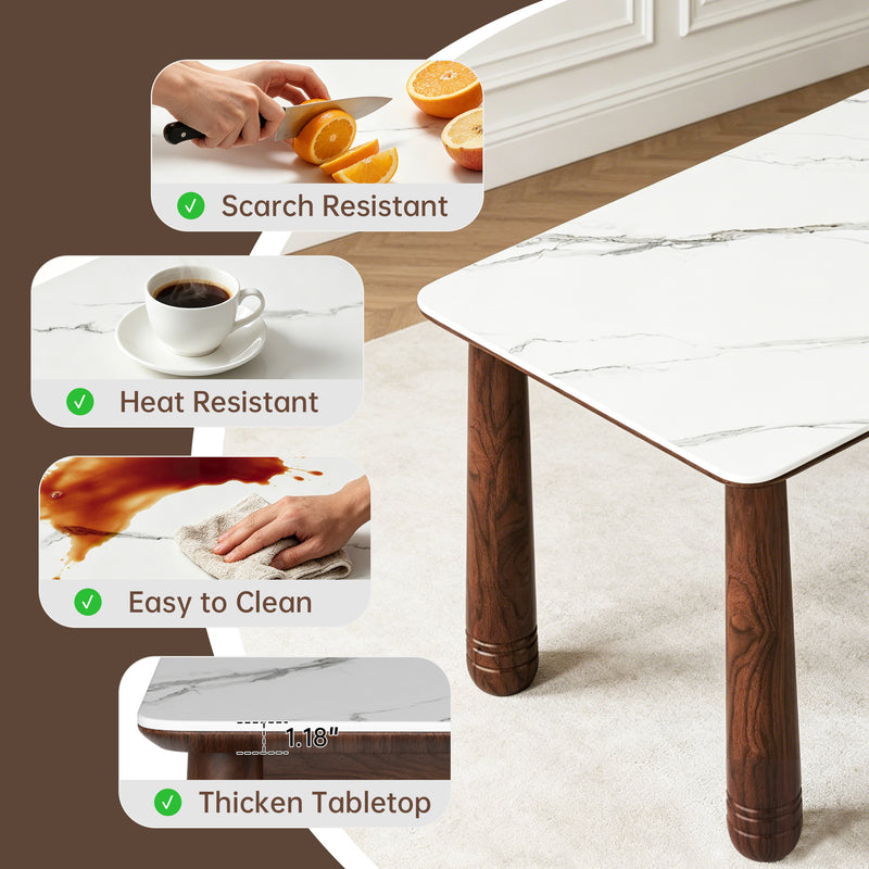 63' Sintered Stone Dining Table Set with 6 Upholstered Chairs, Farmhouse Dinner Table Set of 7 Piece with White Stone Top & Solid Wood Walnut Frame, Beige Chenille Seats, Heavy-Duty Support up to 1000