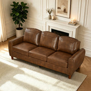 Classic Living Room Sofa Faux Leather Couch,Rolled Arm Sofa with Nails,Solid Wood Legs,Upholstered Breathable PU Leather Brown.