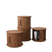 4Piece Round Coffee Table Set, Modern Nesting Side Tables with Sliding Door Storage, Walnut Finish Sofa End Table & Bedside Nightstand for Living Room & Bedroom, Fluted Roman Column Design Accent Tab