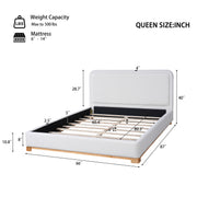 Queen Size Bed Frame with Boucle Upholstered Curved Headboard, Solid Wood Base, White