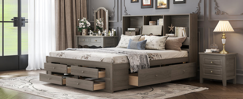 King Size Platform Bed with Storage Headboard and 8 Drawers, Gray