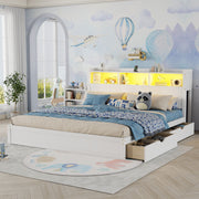 King Size Bed with Drawers, Wood King Bed with Storage Headboard and Pull Out Storage Cabinet, Wood Bed with Light and Socket, White(Expect Arrival Date 2026/7/30 )