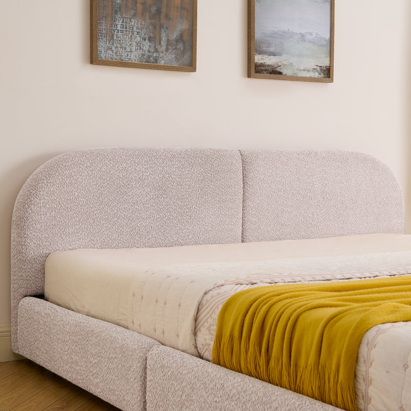 King Size Upholstered Bed Frame Modern Minimalist Style - Circle Yarn Fabric, Tall Curved Headboard, Sturdy Leg Support & Wheeled Drawer Storage, Mattress Not Included - Pink