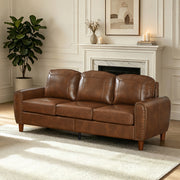 Classic Living Room Sofa Faux Leather Couch,Rolled Arm Sofa with Nails,Solid Wood Legs,Upholstered Breathable PU Leather Brown.