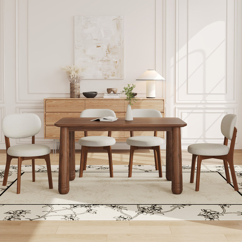 63' Solid Wood Dining Table Set with 4 Upholstered Chairs, Farmhouse Dinner Table Set of 5 Piece with Walnut Finish & Beige Chenille Seats, Heavy-Duty Support up to 1000 lbs, Easy Assembly