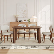 63' Solid Wood Dining Table Set with 6 Upholstered Chairs, Farmhouse Dinner Table Set of 7 Piece with Walnut Finish & Beige Chenille Seats, Heavy-Duty Support up to 1000 lbs, Easy Assembly