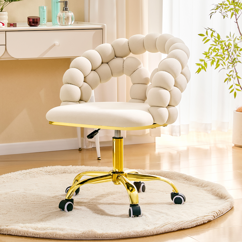 Modern Velvet Adjustable Swivel Desk Chair with Bubble Back, Upholstered Vanity Chair with Gold Metal Base, Rolling Office Chair for Home Office, Bedroom, Makeup Room, Beige (Set of 1)