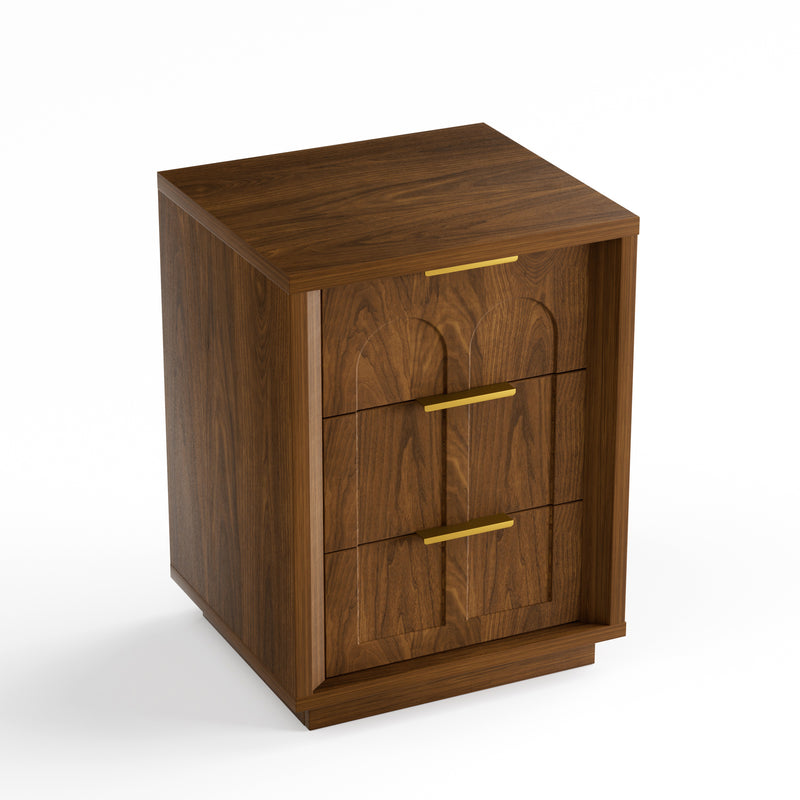 Two-piece nightstand set with arched grooves, large side table with three drawers, spacious storage side table with metal handles, suitable for bedrooms, living rooms, and offices, Walnut