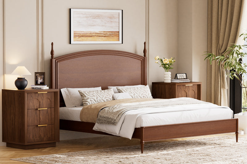 Two-piece nightstand set with arched grooves, large side table with three drawers, spacious storage side table with metal handles, suitable for bedrooms, living rooms, and offices, Walnut