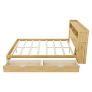 Queen Size Bed with Drawers, Wood Queen Bed with Storage Headboard and Pull Out Storage Cabinet, Wood Bed with Light and Socket,Natural(Expect Arrival Date 2626/7/30)