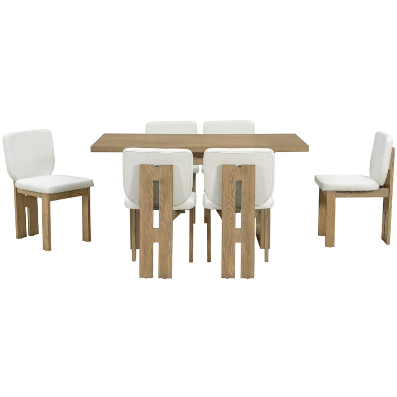 TREXM 7-Piece Retro Dining Table Set for 6, 60' Wood Dining Table Set for 6 with Upholstered Chairs and Designed Trestle Base for kitchen & Dining Room (Natural Wood Wash)