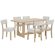7-Piece Dining Table Set for 6, 57 Inch Light Oak Rectangular Table with 6 Ergonomic Linen Upholstered Chairs, Sturdy U-Shaped Base Modern Japandi Farmhouse Furniture for Dining Room & Apartment