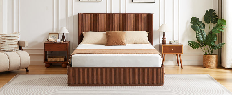 Walnut Corrugated Wave Wood Headboard Platform Bed frame, 44' Tall Headboard Queen Size Bed Frame, Modern Minimalist, Easy Assembly, No Box Spring Required