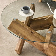Circular glass coffee table, 33.4-inch modern and distinctive design tea table. Tempered glass countertop, wood colored MDF table legs. Suitable for living rooms and farmhouses