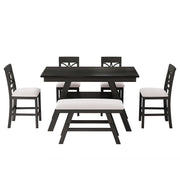 TOPMAX 6-Piece Wood Counter Height Dining Table Set with Storage Shelf, Kitchen Table Set with Bench and 4 Chairs,Rustic Style,Espresso+Beige Cushion (old sku: N717S000257AAP)