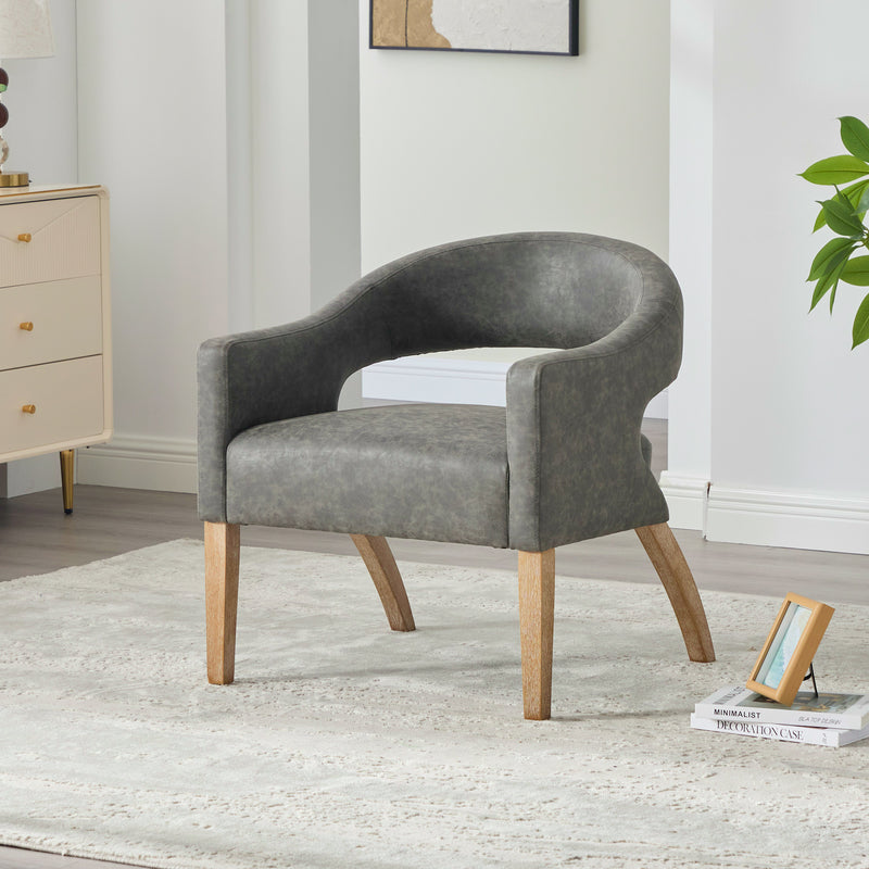 Modern Mid-Century PU Upholstered Open Back Armchair with Weathered Rubberwood Legs, Gray, for Living Room Bedroom Dining Room Cafes