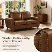 Classic Living Room Sofa Loveseat Faux Leather Couch,Rolled Arm Sofa with Nails,Solid Wood Legs,Upholstered Breathable PU Leather Brown.