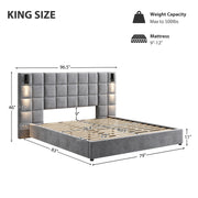 King Size Upholstered Bed Frame,With Wall Sconce And USB Port, Wide Headboard, Velvet, Gray
