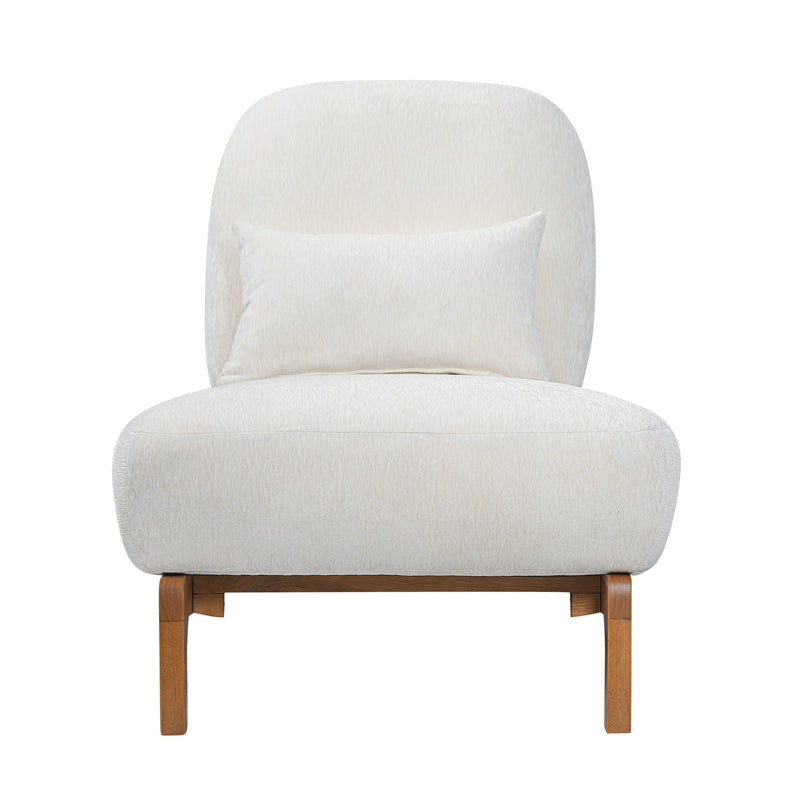 Modern Armless Accent Chair with Curved Wood Base, Linen Upholstered Slipper Chair with Lumbar Pillow, High-Back Lounge Chair for Living Room, Bedroom & Reading Nook, Cream White