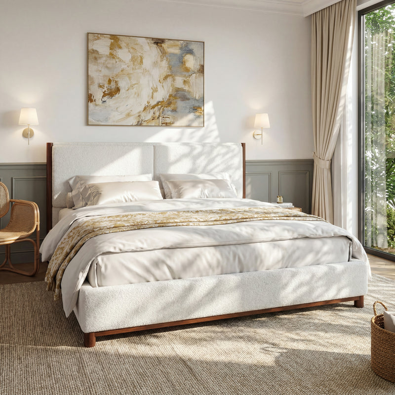 Queen Size Upholstered Bed Frame, Walnut Wood Trim with White Fabric, Plywood & Rubber Wood Construction, 600 LBS Weight Capacity, Fits 8'-10' Mattress, No Box Spring Needed