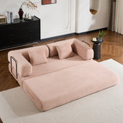 Convertible Sleeper Sofa Bed with Cylindrical Pillow, Corduroy Folding Mattress Couch with Fixed-Shape Frame, Floor Sofa Lounge Couch for Living Room Bedroom (Pink)