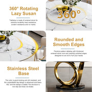 Round Dining Set with 360° Rotating Lazy Susan, Scratch & Heat‑Resistant Sintered Stone Tabletop, 6 Gold‑Plated Iron Thick Cushion Chairs for Dining Room, Kitchen, Compact Space
