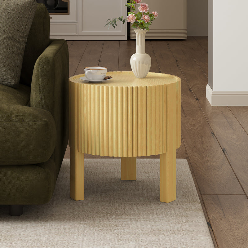 Round Fluted Side Table with Storage for Living Room, Rubber Solid Wood, Soft-close Door, Natural, 19.6'