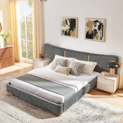 Queen Size Extra Large Platform Bed, Soft Chenille Fabric Frame, Curved Headboard, Reinforced Electroplated Metal Legs, Flexible DIY Side Space Design-Dark Gray