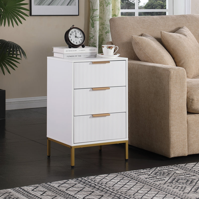 Nightstand with 3 Drawers,Mid-Century Modern End Table,Bedside Table, Gold Metal Legs,Gold Metal Handles,Wavy Drawer PanelsEnd Table for Bedroom White