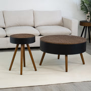 31.5-inch round coffee table with storage function, featuring an engraved tabletop, is an ideal beverage table for small spaces, serving as a modern-style accent side table suitable for living rooms,