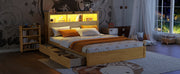 Queen Size Bed with Drawers, Wood Queen Bed with Storage Headboard and Pull Out Storage Cabinet, Wood Bed with Light and Socket,Natural(Expect Arrival Date 2626/7/30)