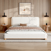 Queen Size Bed Frame with Boucle Upholstered Curved Headboard, Solid Wood Base, White