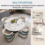 Round Dining Set with 360° Rotating Lazy Susan, Scratch & Heat‑Resistant Sintered Stone Tabletop, 4 Gold‑Plated Iron Thick Cushion Chairs for Dining Room, Kitchen, Compact Space