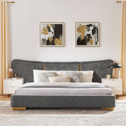 Queen Size Extra Large Platform Bed, Soft Chenille Fabric Frame, Curved Headboard, Reinforced Electroplated Metal Legs, Flexible DIY Side Space Design-Dark Gray