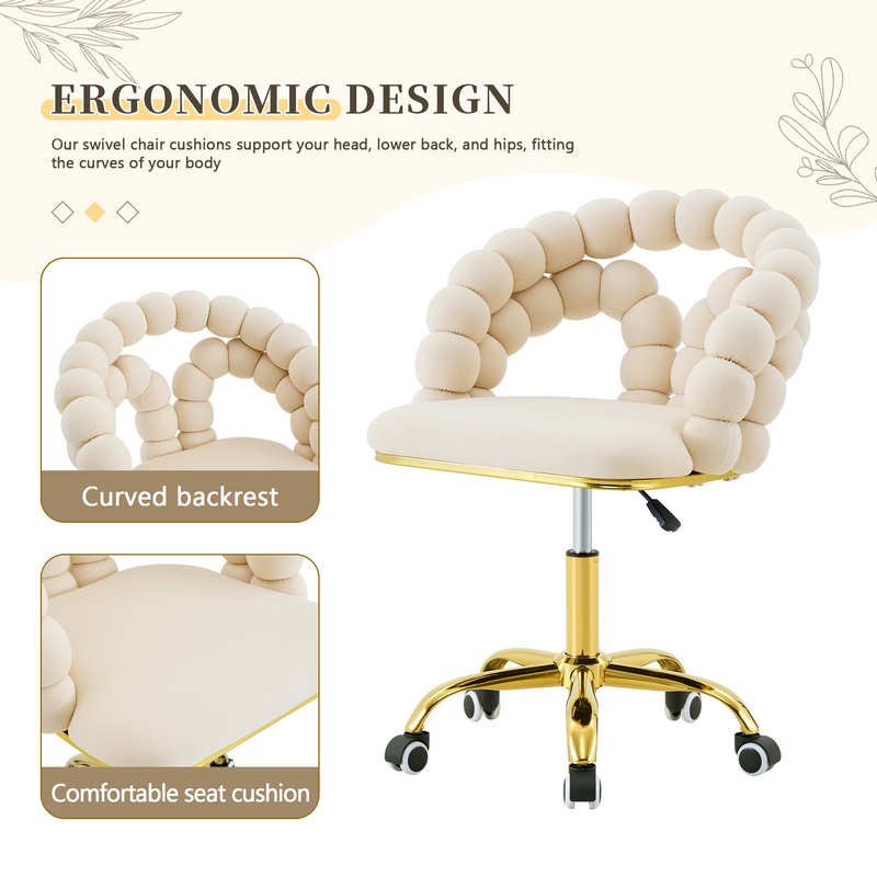 Modern Velvet Adjustable Swivel Desk Chair with Bubble Back, Upholstered Vanity Chair with Gold Metal Base, Rolling Office Chair for Home Office, Bedroom, Makeup Room, Beige (Set of 1)
