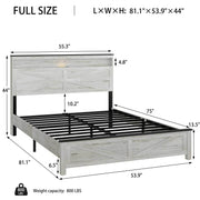 Fully floating bed frame with LED lights and charging station cushion platform bed frame, large bed, with headboard and hidden storage space, no need for box springs, Antique White+Gray