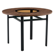 Table and chair set.42 inch modern minimalist brown wood grain round dining table set.Paired with 6 White Artificial PU Chairs With Curved Widened Cushion Design.Suitable for dining rooms,office,etc.