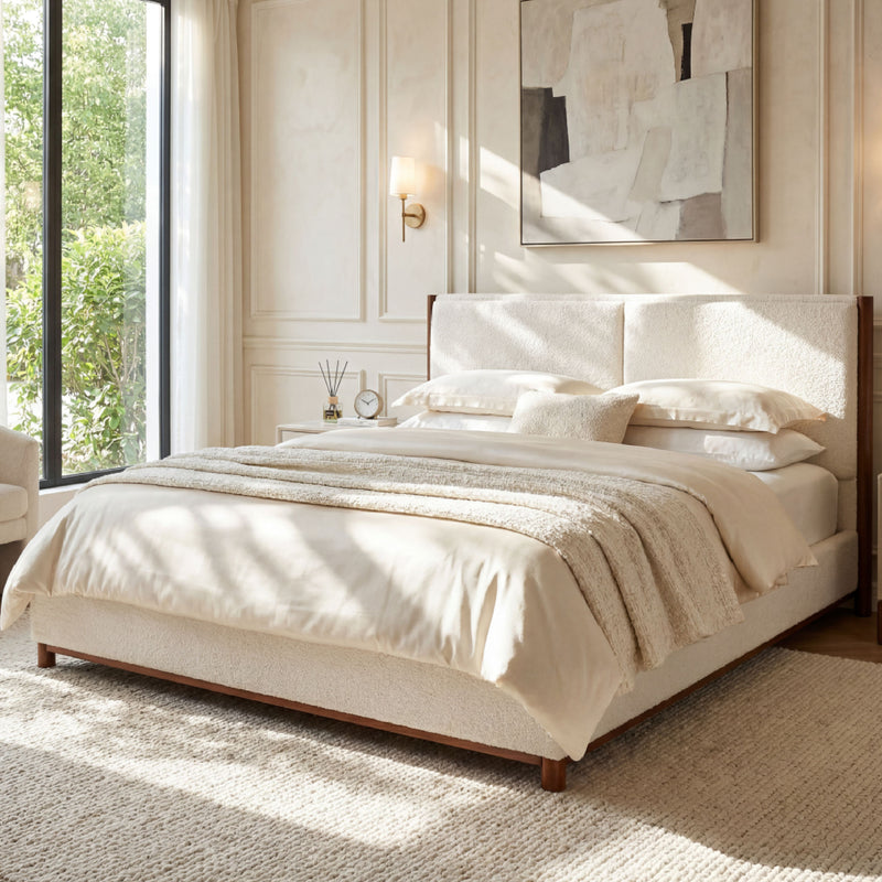 Queen Size Upholstered Bed Frame, Walnut Wood Trim with White Fabric, Plywood & Rubber Wood Construction, 600 LBS Weight Capacity, Fits 8'-10' Mattress, No Box Spring Needed