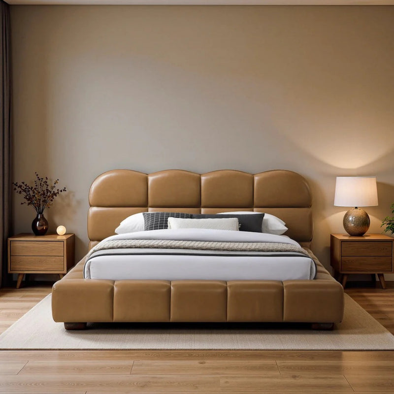 Roswell Luxurious King Size Platform Bed with Biscuit-Tufted Vegan Leather Headboard in Tan, Durable Material, 95.1 x 95.5 x 39.2 Inches