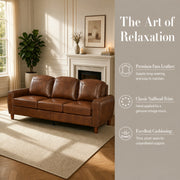Classic Living Room Sofa Faux Leather Couch,Rolled Arm Sofa with Nails,Solid Wood Legs,Upholstered Breathable PU Leather Brown.