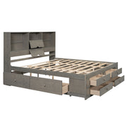 King Size Platform Bed with Storage Headboard and 8 Drawers, Gray