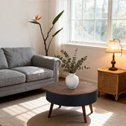 31.5-inch round coffee table with storage function, featuring an engraved tabletop, is an ideal beverage table for small spaces, serving as a modern-style accent side table suitable for living rooms,
