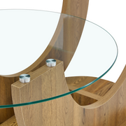 Creative U-Shaped Double-Tier Glass Coffee Table with Wood-Grain MDF Base: A Modern, Minimalist Living Room Side Table with Adjustable Height.