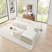 Modern Semi-Curved Modular Sectional Sofa, Vertical Stitched Chenille Soft Couch with Movable Adjustable Ottoman, Rounded Edge Wear-resistant All Season Comfort Floor Sofa for Indoor Use-Beige