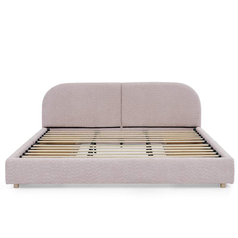King Size Upholstered Bed Frame Modern Minimalist Style - Circle Yarn Fabric, Tall Curved Headboard, Sturdy Leg Support & Wheeled Drawer Storage, Mattress Not Included - Pink