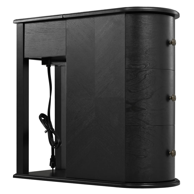 Modern End Table with Hidden Cup Holder Drawer, Charging Station & Pull-Out Side Table, Wooden Bedside Table with 2 Storage Drawers, Space Saving End Table for Bedroom & Living Room